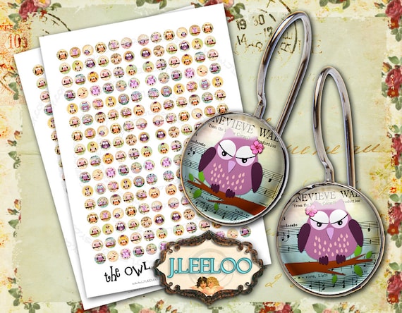Digital printable THE OWL 12mm circle sheets earring ring size valentine clipart digital images for jewelry instant download tn314