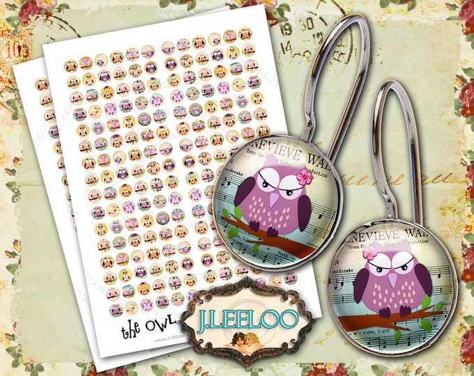 Digital printable THE OWL 12mm circle sheets earring ring size valentine clipart digital images for jewelry instant download tn314