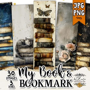 MY BOOKS & BOOKMARKS – Watercolor book stacks pastel vintage | Junk journal scrapbooking tags ephemera | Digital collage printable | pp768