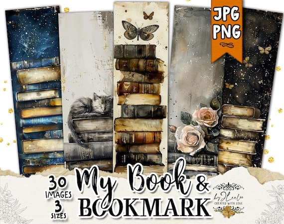 MY BOOKS & BOOKMARKS – Watercolor book stacks pastel vintage | Junk journal scrapbooking tags ephemera | Digital collage printable | pp768