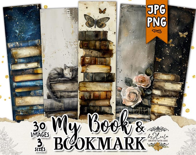 MY BOOKS & BOOKMARKS – Watercolor book stacks pastel vintage | Junk journal scrapbooking tags ephemera | Digital collage printable | pp768
