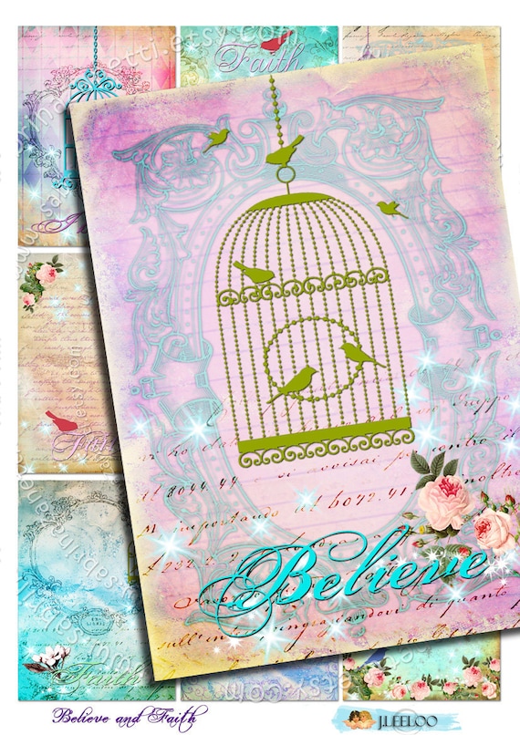 BELIEVE AND FAITH  Digital collage sheet printable atc aceo size  colorful bird chandelier instant download background ac116
