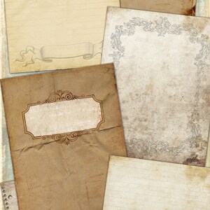 May include: A collection of six vintage paper textures, including lined paper, a page with a decorative border, and a page with a ribbon drawing. The papers are all aged and have a distressed look.