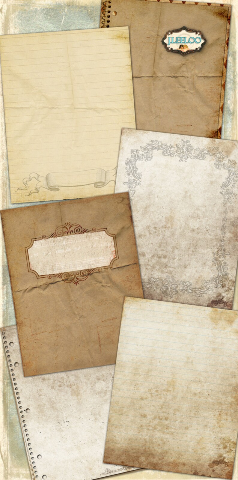 May include: A collection of six vintage paper textures, including lined paper, a page with a decorative border, and a page with a ribbon drawing. The papers are all aged and have a distressed look.
