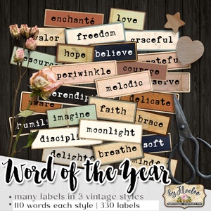 WORD Of The YEAR labels printable positive words vintage ephemera junk journal diary instant download images digital collage sheet pp573
