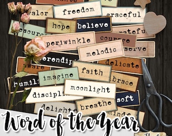 WORD Of The YEAR labels printable positive words vintage ephemera junk journal diary instant download images digital collage sheet pp573