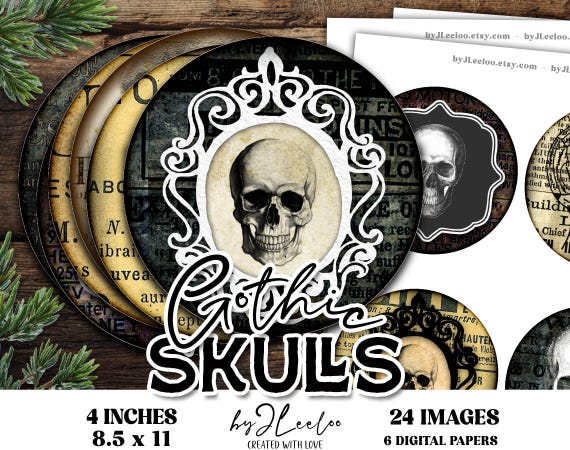 GOTHIC SKULL – 4 Inch Victorian Digital Collage Circles – tn858