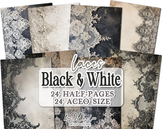 BLACK & WHITE LACES half pages printable | French Collage junk journal Mixed Media supplies | Shabby chic papers card making diary | pp721
