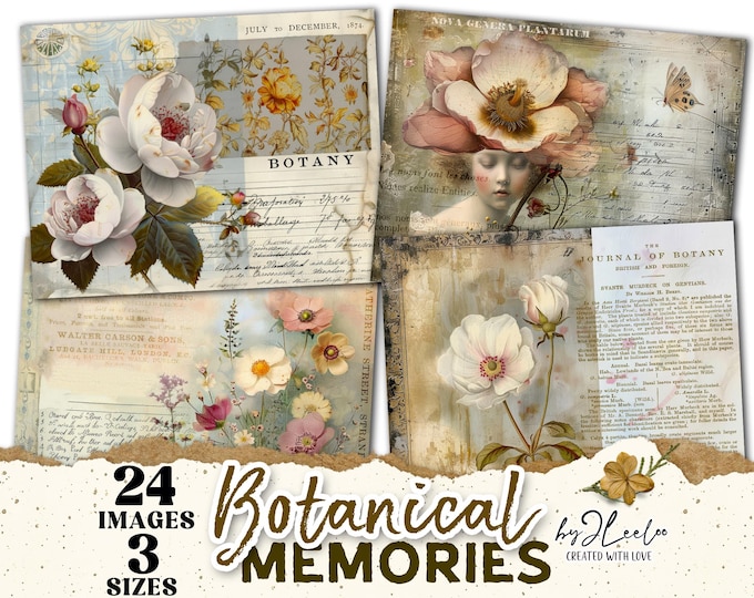 BOTANICAL MEMORIES 24 Vintage Floral Papers | 3 Sizes Junk Journal Ephemera | Shabby Chic Printable | Romantic Collage Paper CU | pp937
