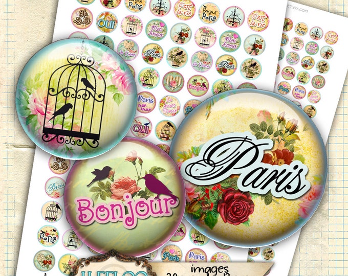 Digital c0llage sheet BONJOUR 12mm 20mm circle sheets earring ring love heart paris digital images jewelry instant download tn402