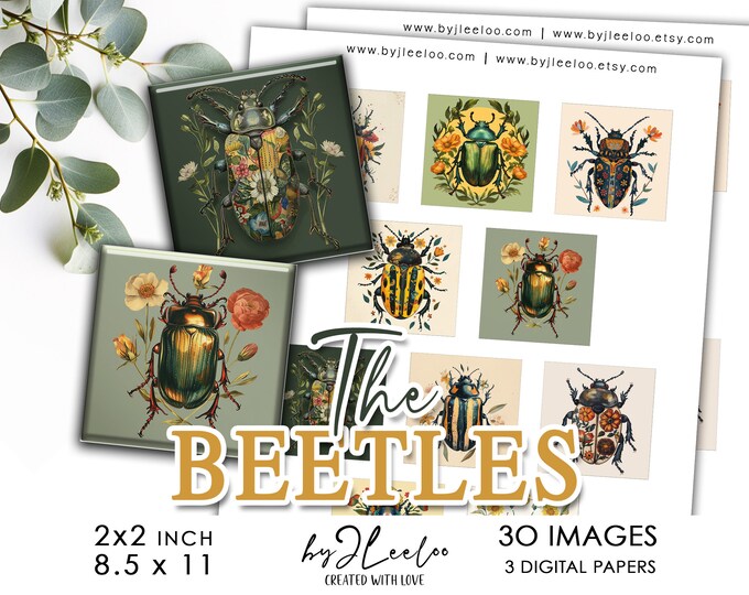 THE BEETLES 2x2 inch printable | supplies square pendants glass jewelry sticker mirror | Digital entomology illustration journal | qu606