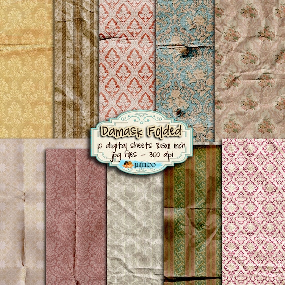 DAMASK FOLDED 10 large digital papers for scrapbook Digital collage sheet instant download digital print printable paper goods pp239