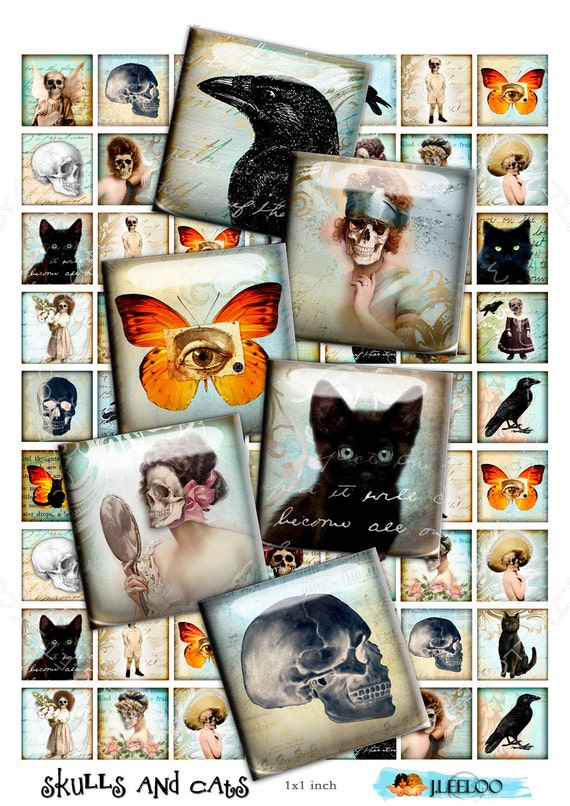 Digital printable SKULLS AND CATS 1x1 inch square gothic scary dia de los muertos pendant and craft instant digital collage sheet qu408