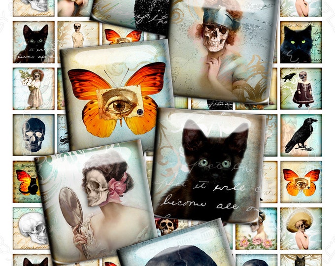 Digital printable SKULLS AND CATS 1x1 inch square gothic scary dia de los muertos pendant and craft instant digital collage sheet qu408