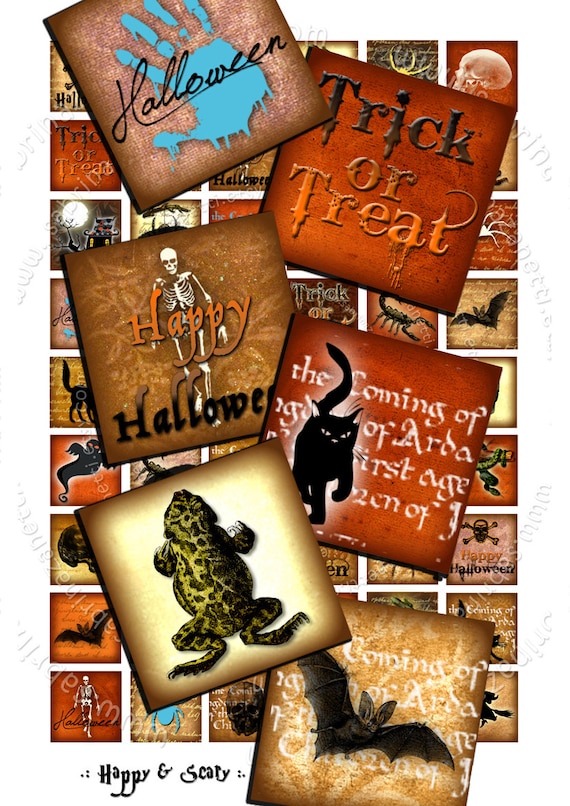 Digital paper HAPPY AND SCARY square 1x1 inch halloween trick or treat clipart for pendant craft instant download printable jpg file qu151