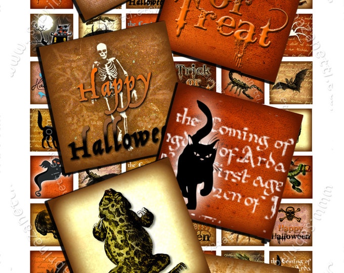 Digital paper HAPPY AND SCARY square 1x1 inch halloween trick or treat clipart for pendant craft instant download printable jpg file qu151