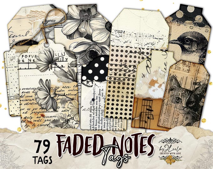 FADED NOTES TAGS vintage text tag | distressed grunge ephemera junk journal collage | victorian scrapbooking printable embellishment | tl314