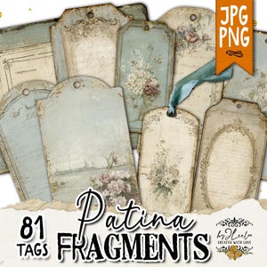Puede incluir: Una colección de 81 etiquetas de estilo vintage con una estética envejecida y antigua. Las etiquetas presentan una paleta de colores azul claro y crema, con ilustraciones florales y de paisajes. Las palabras "Patina Fragments" se muestran en una fuente decorativa.