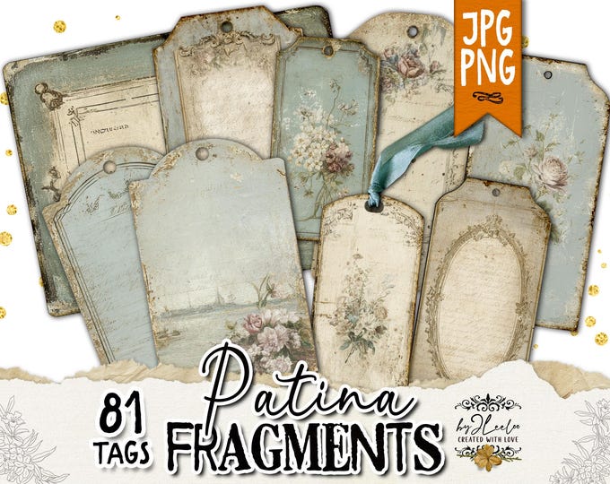 PATINA FRAGMENTS Vintage Blue Beige Tag Ephemera | Printable Shabby Chic Journal Cards & Label for Junk Journal Scrapbooking Collage | tl363