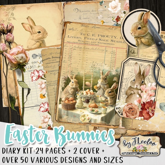 EASTER BUNNIES shabby journal kit cute Beatrix Potter style digital download diy diary planner Peter rabbit scrap ephemera printable pp579