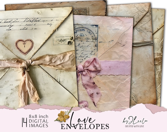 LOVE ENVELOPES 8x8 vintage romantic | journal background pink brown shabby vintage scrapbook | Printable french old fake documents  | qu598