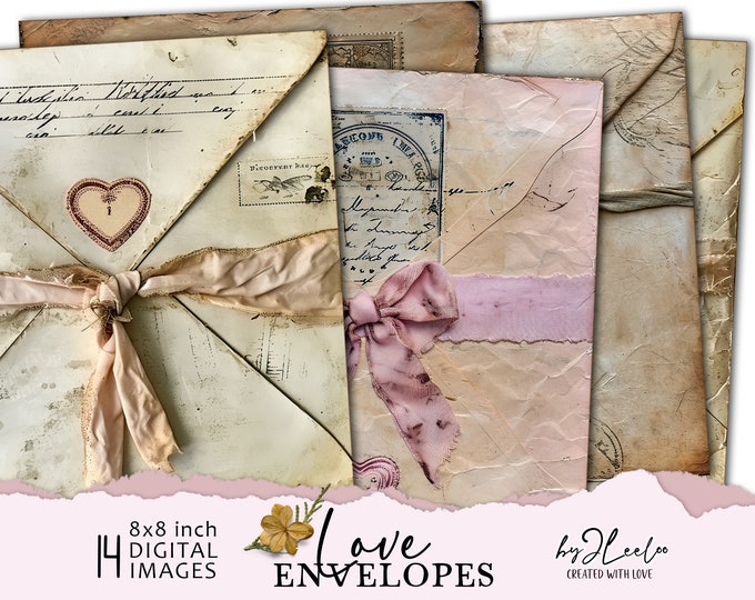 LOVE ENVELOPES 8x8 vintage romantic | journal background pink brown shabby vintage scrapbook | Printable french old fake documents  | qu598