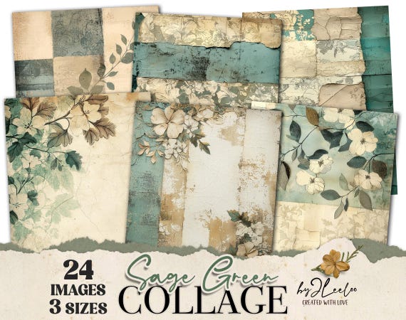 SAGE GREEN COLLAGE 24 background 3 Sizes | Junk Journal distressed Pages | Backdrop Rustic papers scrapbook digital | Commercial Use | pp922