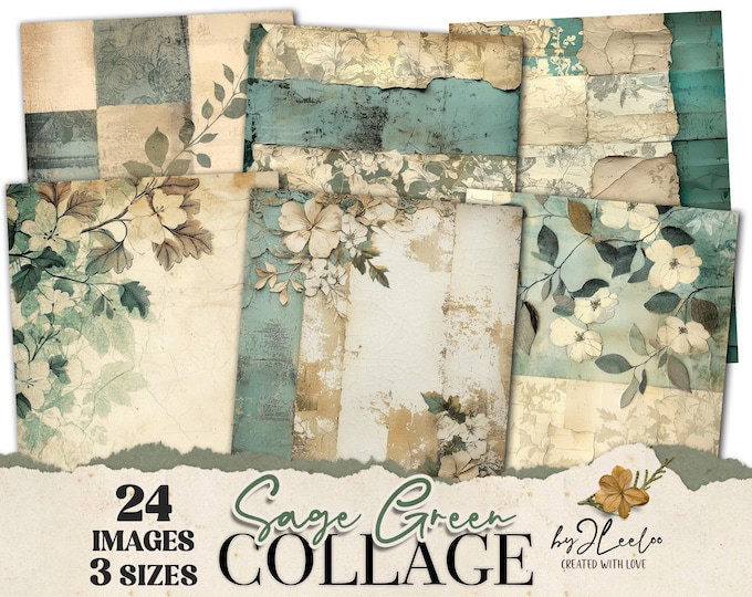 SAGE GREEN COLLAGE 24 background 3 Sizes | Junk Journal distressed Pages | Backdrop Rustic papers scrapbook digital | Commercial Use | pp922