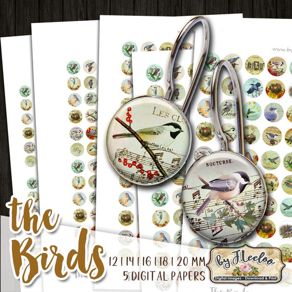 THE BIRDS digital papers printable 12 14 16 18 20 mm circle sheet earring ring size nature digital images for jewelry instant download tn634
