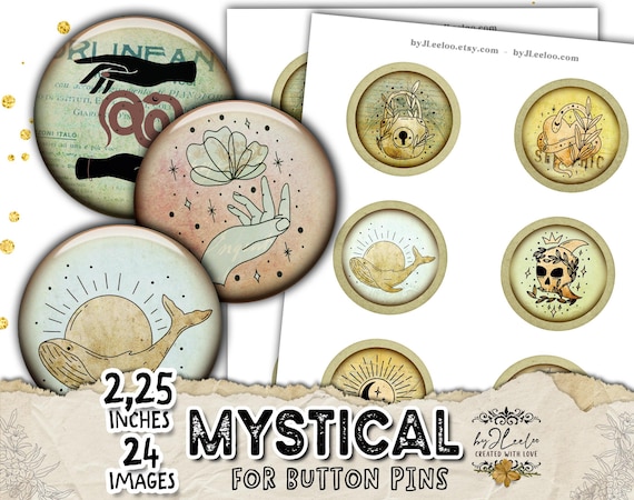 MYSTICAL BUTTON PINS 2.25" Pinback Buttons Vintage | Witchy Symbols Celestial Pins | Magic Badge Set | tn855