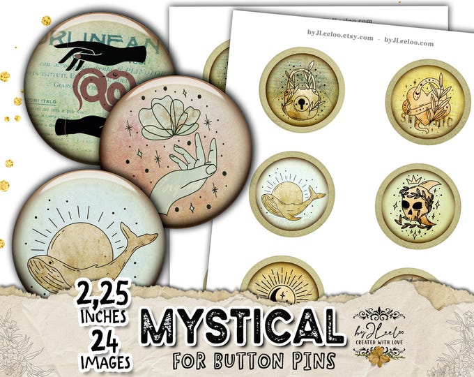 MYSTICAL BUTTON PINS 2.25" Pinback Buttons Vintage | Witchy Symbols Celestial Pins | Magic Badge Set | tn855
