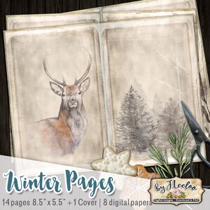 May include: Winter themed digital paper pack with 14 pages, 8.5 inches by 5.5 inches, and a cover page. The digital papers feature a watercolor illustration of a deer, a snowy forest scene, and snowflakes. The text "Winter Pages" and "by Fleclos" is included in the image.