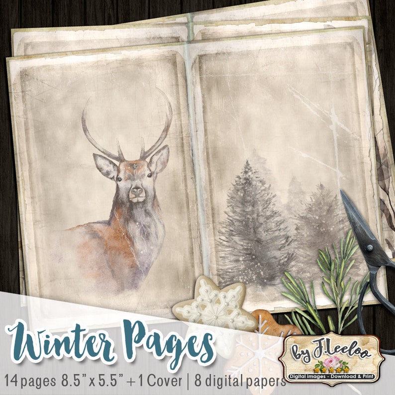 May include: Winter themed digital paper pack with 14 pages, 8.5 inches by 5.5 inches, and a cover page. The digital papers feature a watercolor illustration of a deer, a snowy forest scene, and snowflakes. The text "Winter Pages" and "by Fleclos" is included in the image.