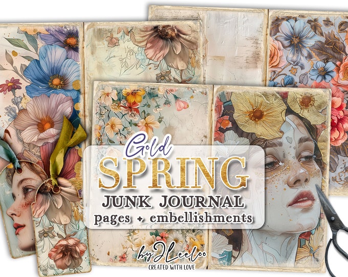 GOLD SPRING junk journal printable | Art Deco Mucha woman - Botanical half pages ephemera | Vintage pages crafting collage diary | pp790