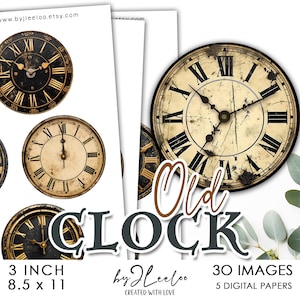 May include: A digital paper pack featuring 30 images of vintage clocks. The clocks are 7.6 cm in diameter and have a distressed, aged appearance. The paper pack is ideal for scrapbooking, card making, and other craft projects.