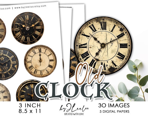 OLD CLOCK 3 inch printable | Vintage supplies round pins, mirror, magnet, Junk Journal, CU, Digital Art, Digital Download ephemera | tn774