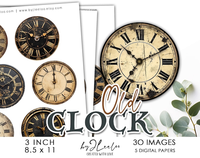 OLD CLOCK 3 inch printable | Vintage supplies round pins, mirror, magnet, Junk Journal, CU, Digital Art, Digital Download ephemera | tn774