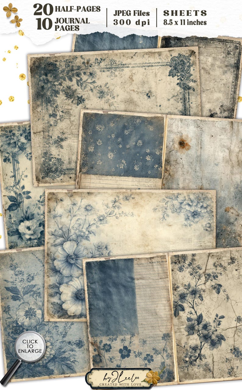 Dusty BLUE PAPERS Vintage Floral Grunge Pages & Half Pages, Printable ...