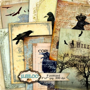 RAVEN POSTKARTE 9 Hintergrund 5 x 7 Zoll Digitales Collage Blatt Gothic Steampunk Tagebuch Scrapbook Sofort-Download pp293
