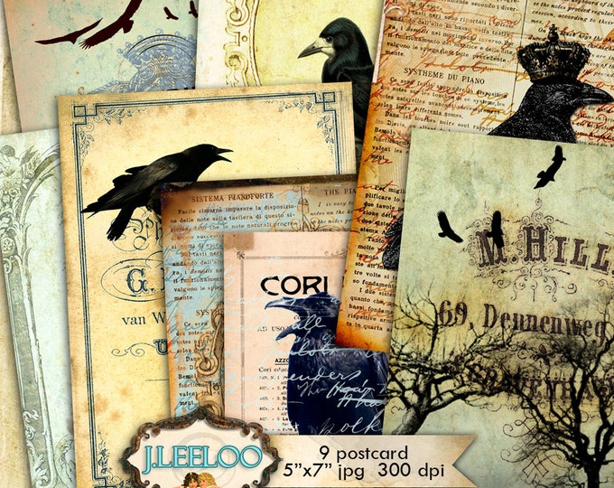 RAVEN POSTCARD 9 background 5x7 inch Digital collage sheet gothic dark steampunk diary scrapbook instant download printable pp293