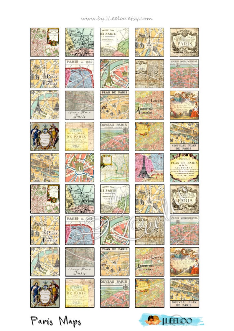 PARIS MAPS Printable Digital Collage 1x1 Inch Square Paris France For 
