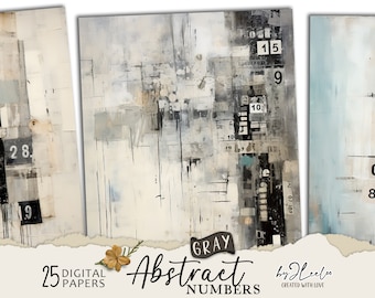 ABSTRACT NUMBERS Gray vintage papers | Industrial Junk Journal pages background Distressed grunge card making collage digital poster | pp692