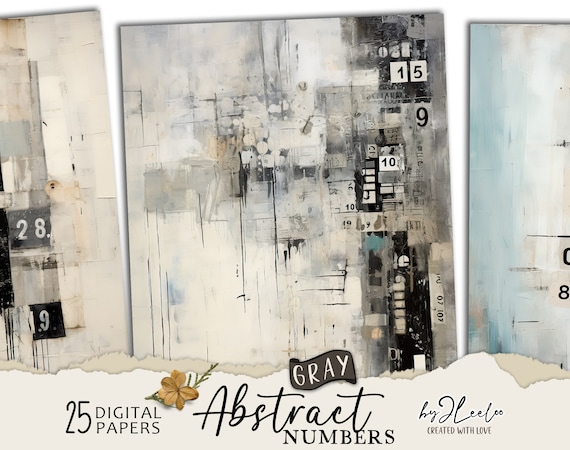 ABSTRACT NUMBERS Gray vintage papers | Industrial Junk Journal pages background Distressed grunge card making collage digital poster | pp692