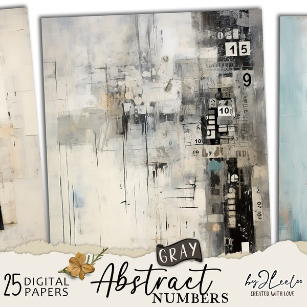 ABSTRACT NUMBERS Gray vintage papers | Industrial Junk Journal pages background Distressed grunge card making collage digital poster | pp692