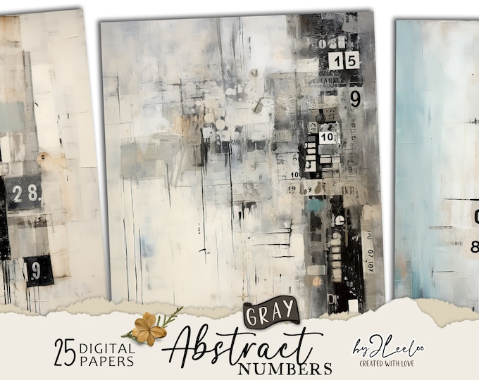 ABSTRACT NUMBERS Gray vintage papers | Industrial Junk Journal pages background Distressed grunge card making collage digital poster | pp692