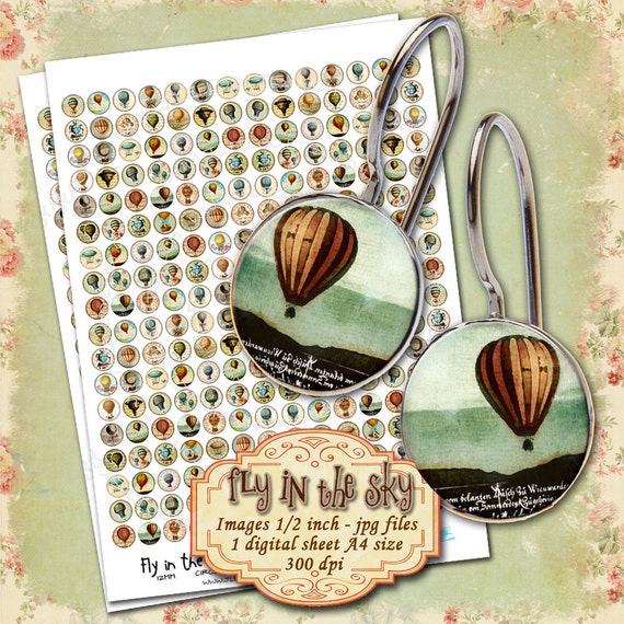 Digital collage sheet FLY In The SKY 12mm circle images earring montgolfier balloon hot air digital jewelry instant download tn279