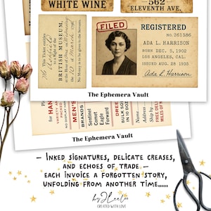May include: A selection of vintage ephemera, featuring a British Museum ticket, a registered document with a portrait, and a list of brands. The image includes the text "The Ephemera Vault" and a quote about trade.