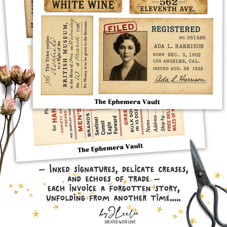 May include: A selection of vintage ephemera, featuring a British Museum ticket, a registered document with a portrait, and a list of brands. The image includes the text "The Ephemera Vault" and a quote about trade.