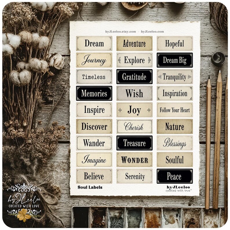 May include: A collection of rectangular labels with inspirational words like "Dream," "Adventure," and "Peace." The labels are in various colors, including black and cream, with elegant fonts. The image includes pencils, dried flowers, and the text "Soul Labels."