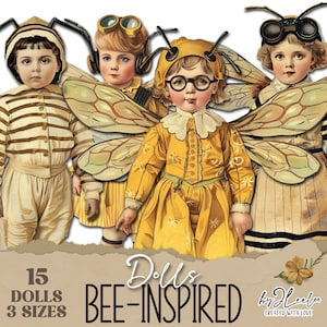MUÑECAS INSPIRADAS EN ABEJAS, muñecas de papel imprimibles, diario basura recortable / Suministros para diario de Paper Dolls, dibujados a mano / mini recortes digitales / pp808